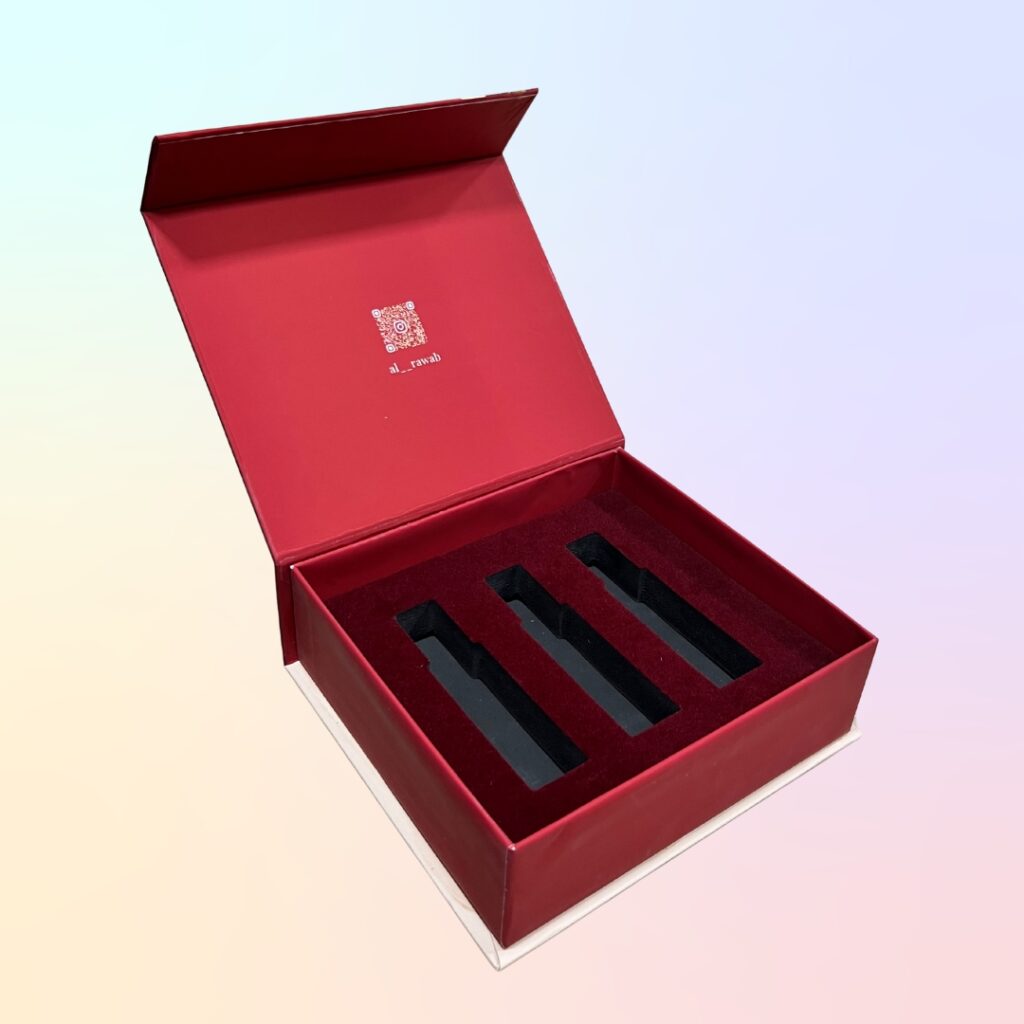 Luxury rigid box packaging for perfume gift set with customized foam inserts and elegant finishing by Vintage Offset