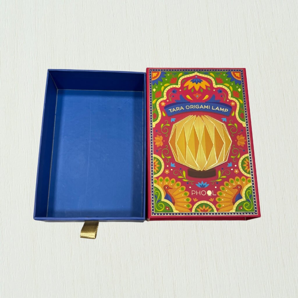 Luxury drawer/slider rigid box with ribbon pull and foil finish – manufactured in Delhi NCR by Vintage Offset